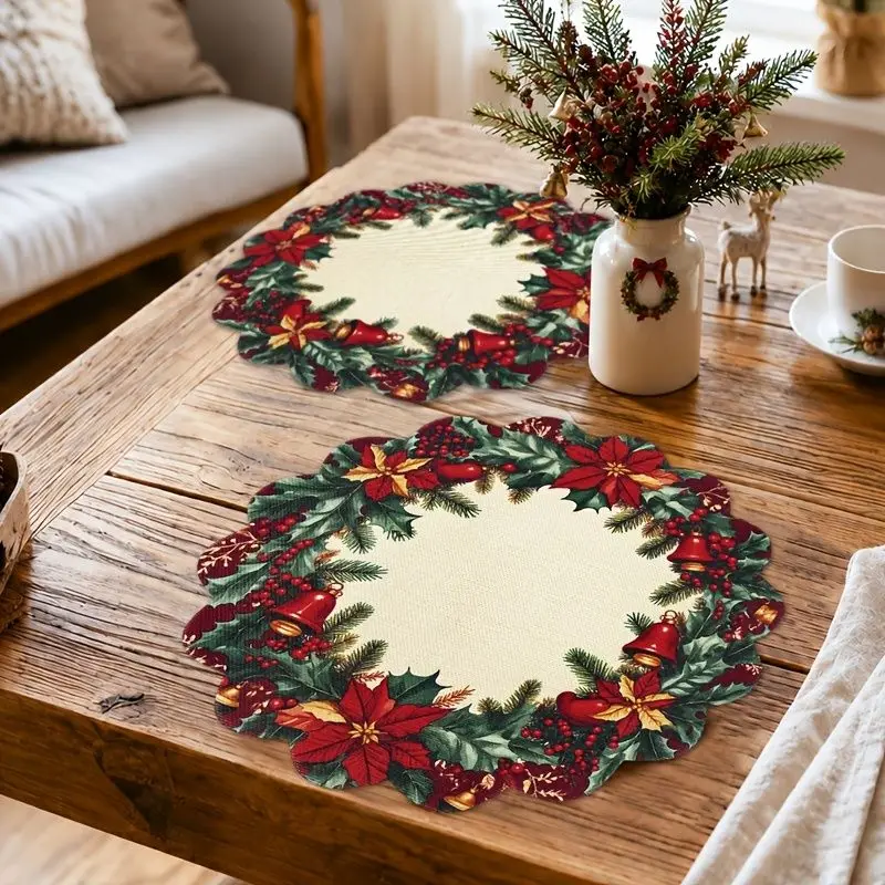 VIKAMA Xmas Poinsettia Chime Berry Fir Wreath Placemat Oatmeal Linen Petal Edge Red Blossom Amber Holly Festive Table Mat Soft