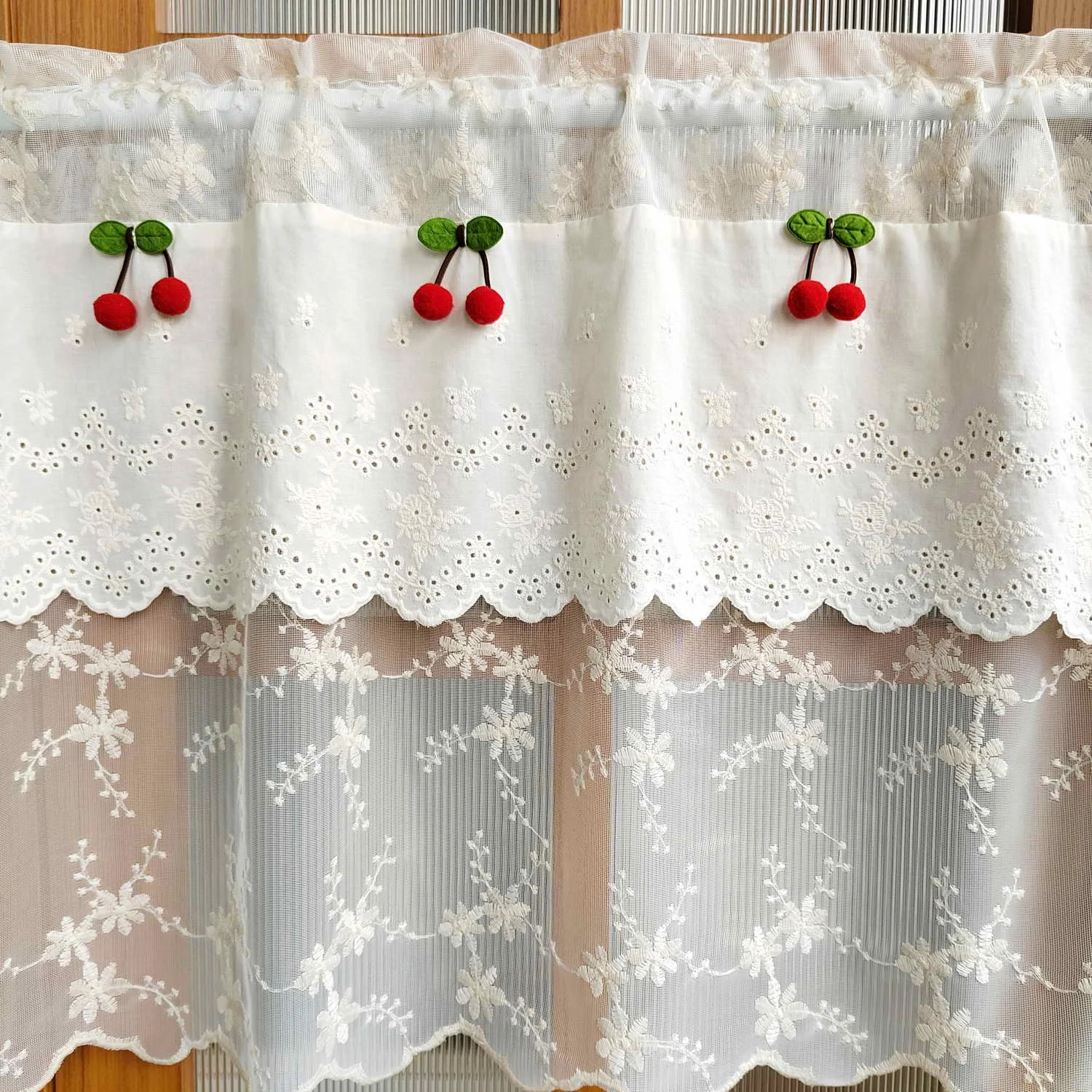 Exquisite Cherry Lace Tulle Short Curtain Valance Double Layer Floral Voile Roman Curtain for Kitchen Cafe Study Home Decor