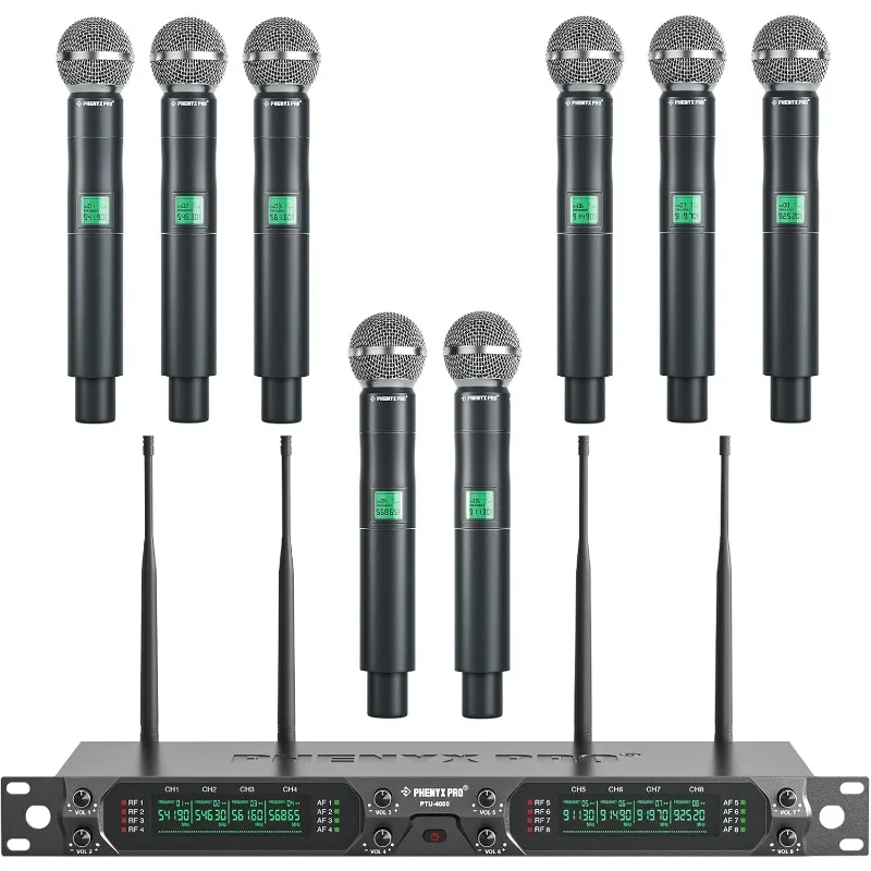 Wireless Microphone System, 8-Channel UHF Cordless Mic with Metal Handheld Wireless Mics