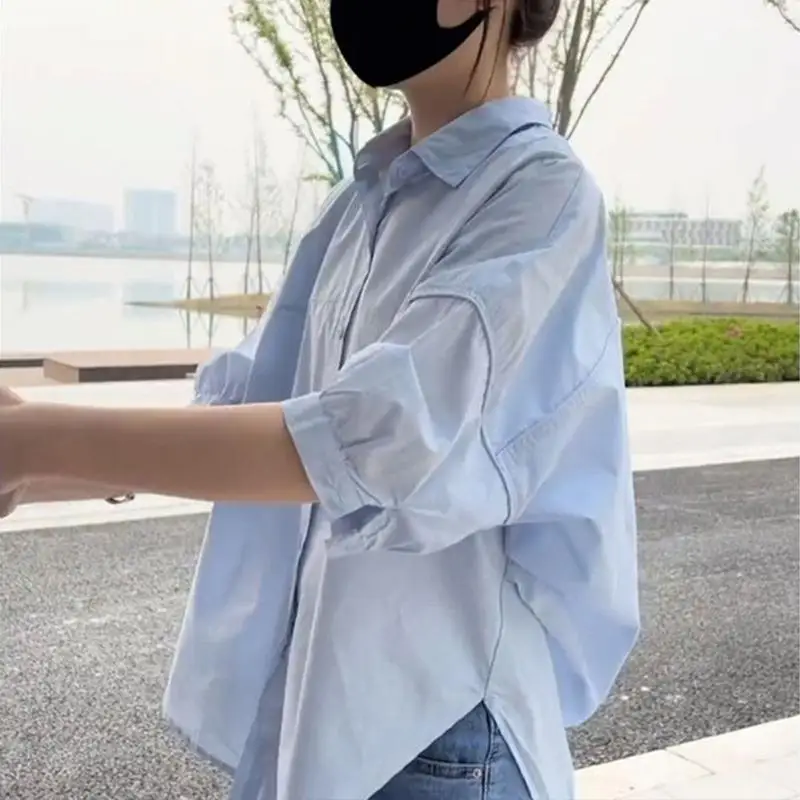 Women's Summer Casual Loose Shirt Sun Protection Small Size Outerwear White Ladies Casual Top Five-Quarter Sleeve Square Collar