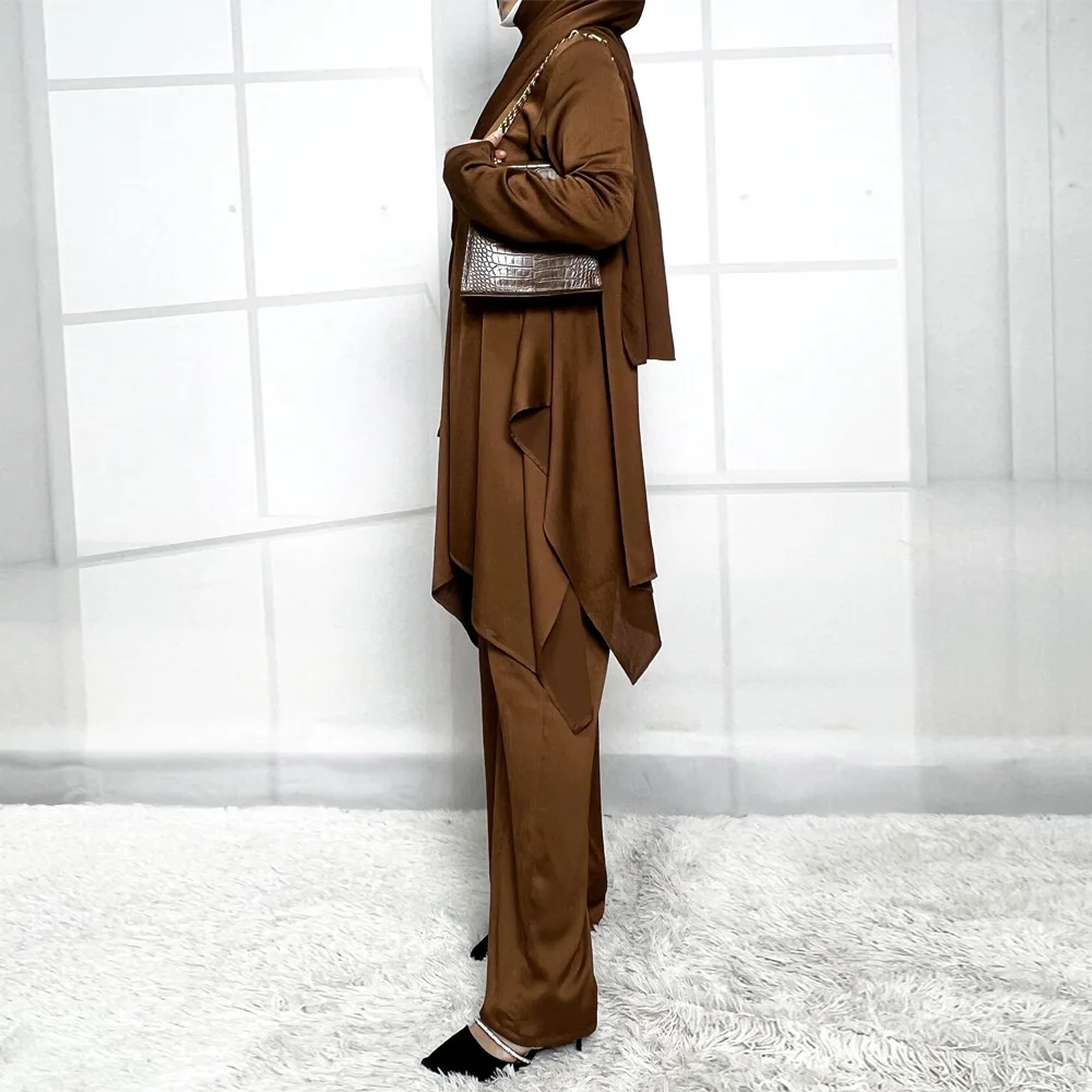 Hijabi Tunic with Pants Set Muslimah Co-Ord Set Eid Modest Islamic Clothes-V Neck Irregular Hem Tunic Top & Elastic Waist Pants