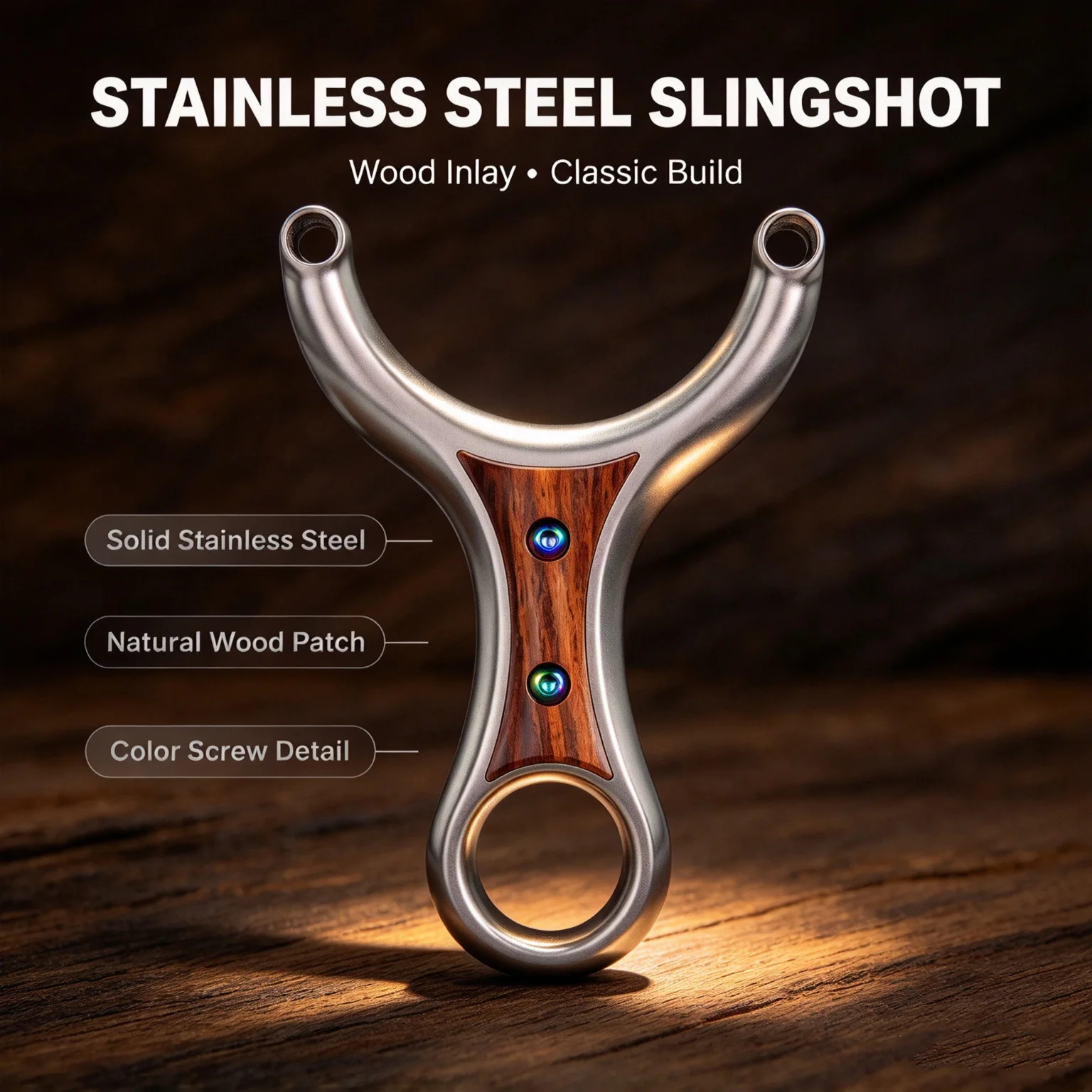 Stainless Steel & Wood Inlay Y-Shaped Slingshot with Round Fork & Finger Ring for Outdoor Target Practice & Precision Sports