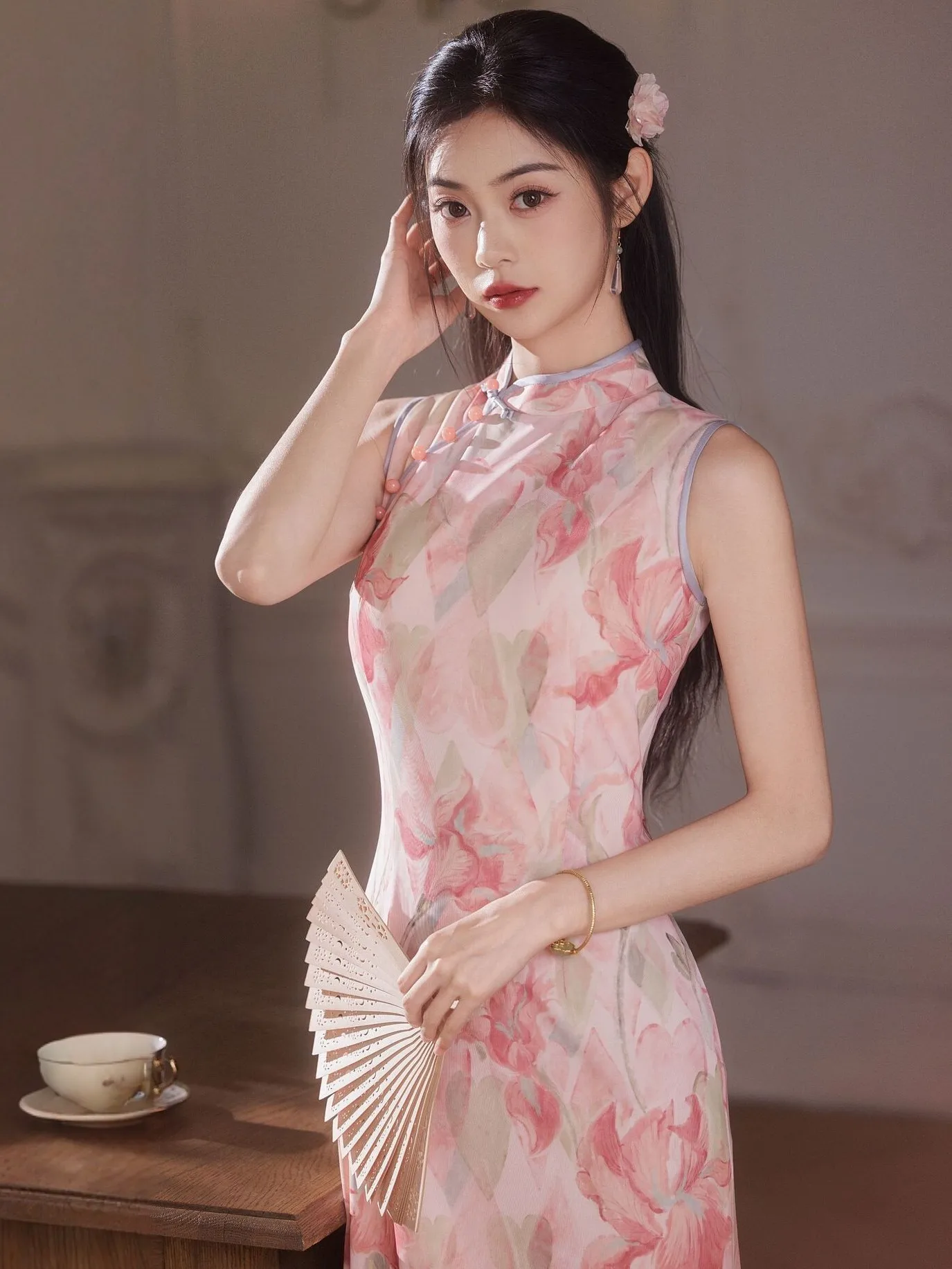 

New Chinese Style Long Slimming Pink Sleeveless Mesh Qipao Dress Breathable Summer Fashion Retro National Trend Ladies Skirt