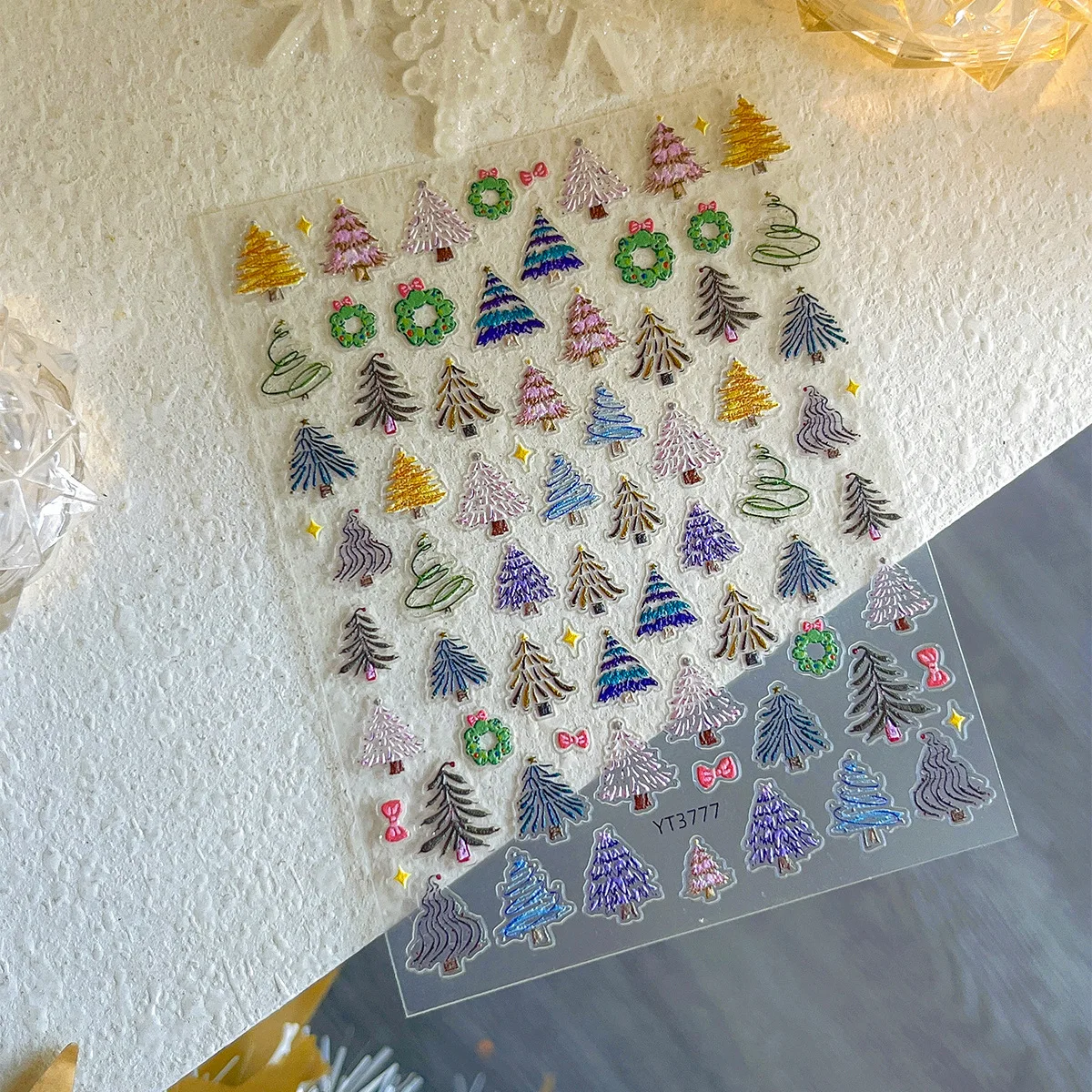 Colorful Christmas Tree Nail Art Stickers Embossed Bow Christmas Wreath Nail Stickers