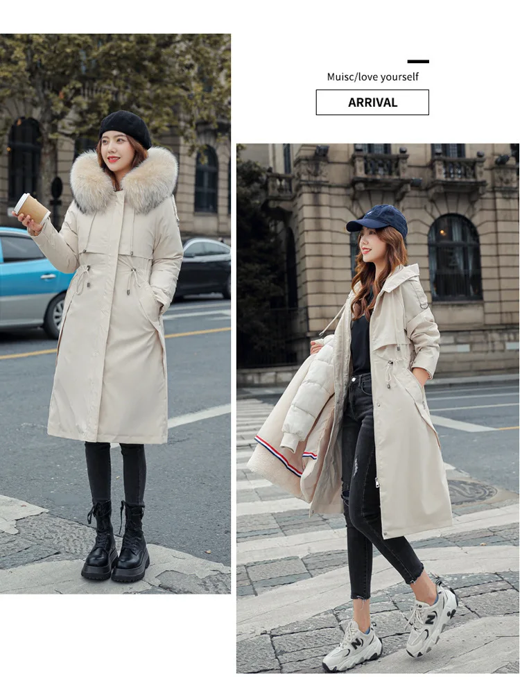Women Hooded Parkas Coats Long Jackets Solid Detachable Big Fur Lenth Collar Zipper Drawstring Slim Fit Thick Casual 2025 Winter