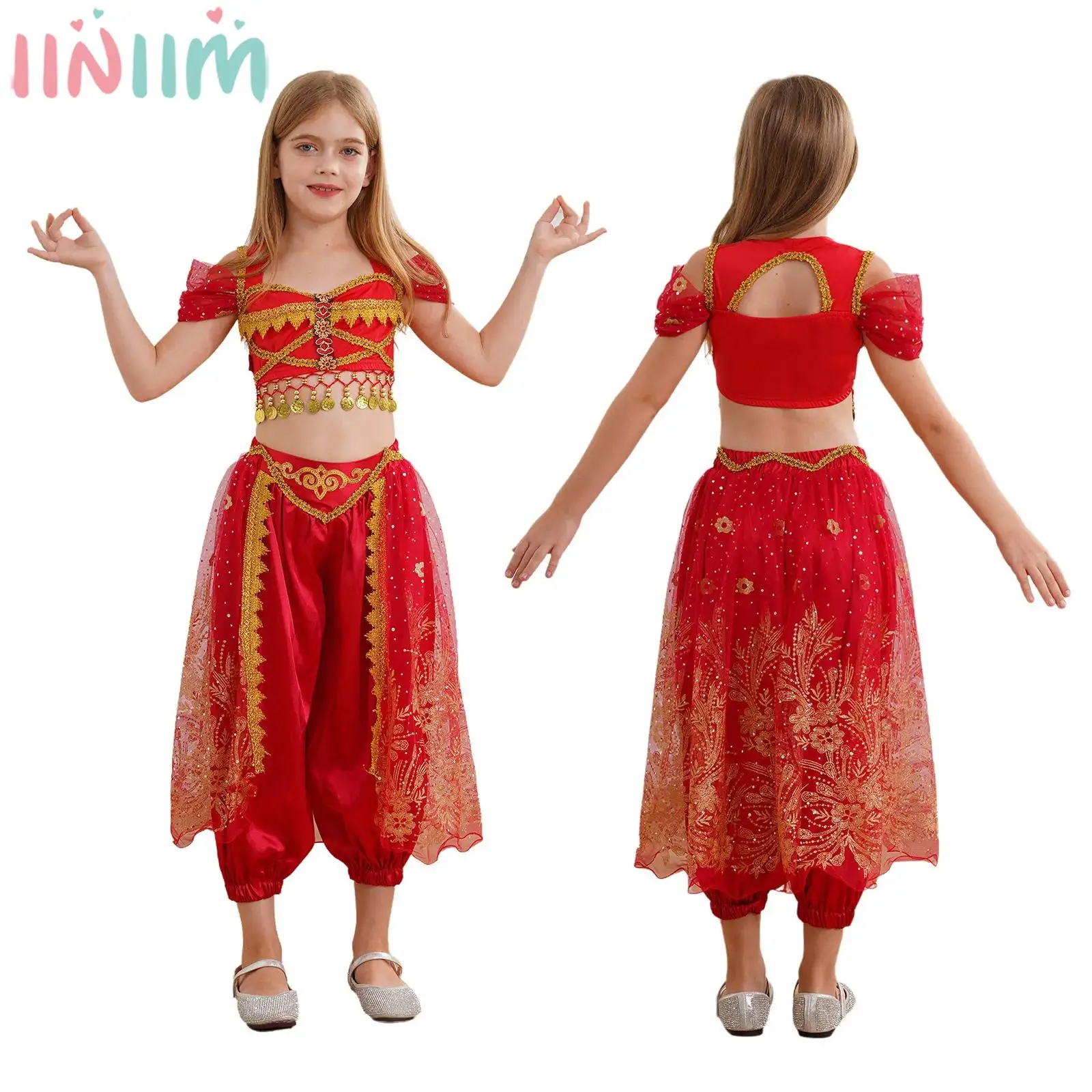 Teen Girls Indian Dance Belly Dancing Clothes Set Crop Top with Pants Halloween Arabian Princess Cosplay Performance Costume