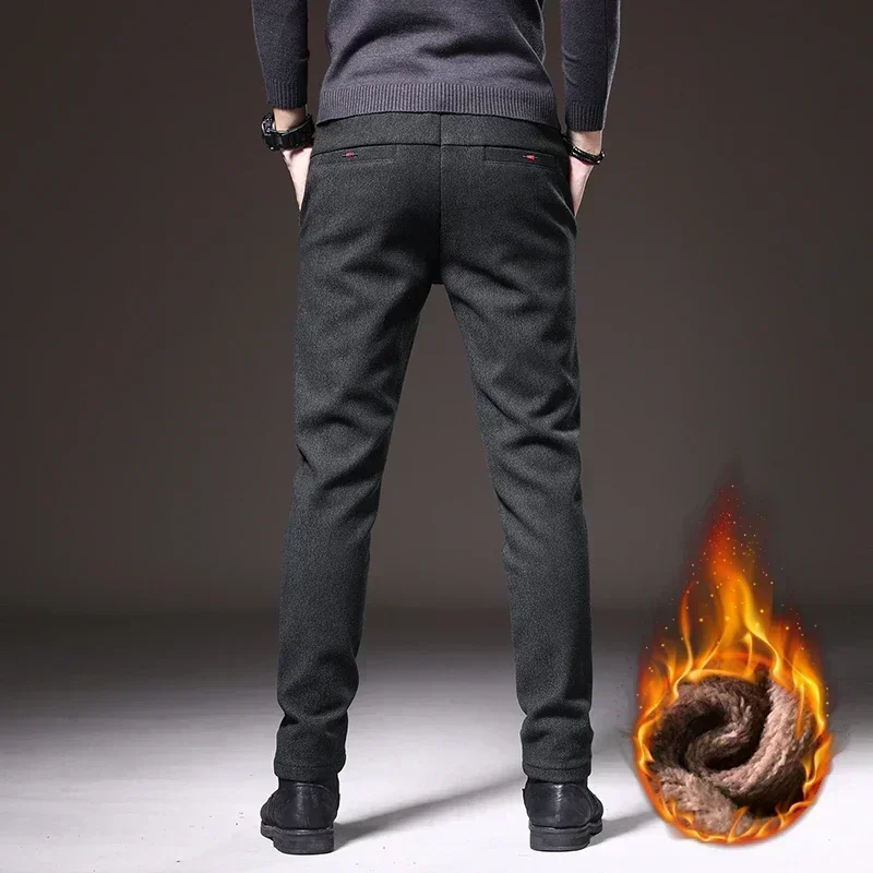 Brand Winter New Men\'s Wool Warm Casual Pants Business Fashion Fleece Thick Office Stretch Trousers Male Plus Size 28-38