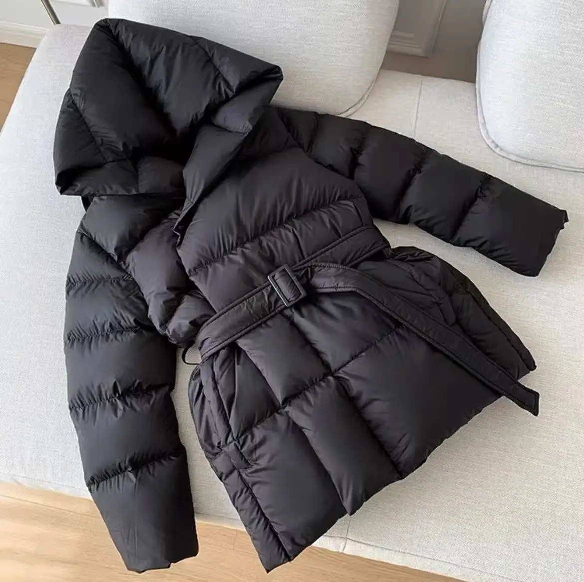 Winter Soft White Duck Down Warm Parker Outwears Women Hooded Slim Lace Up Down Jacket Female Thicken Casual Quilted Jacket