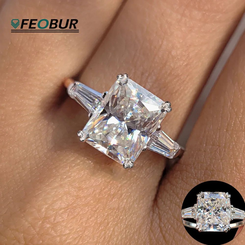 

4CT Radiant/Emerald Cut Full Moissanite Rings Engagement Baguette Three Stone 925 Sterling Silver Wedding Band for Women Jewelry