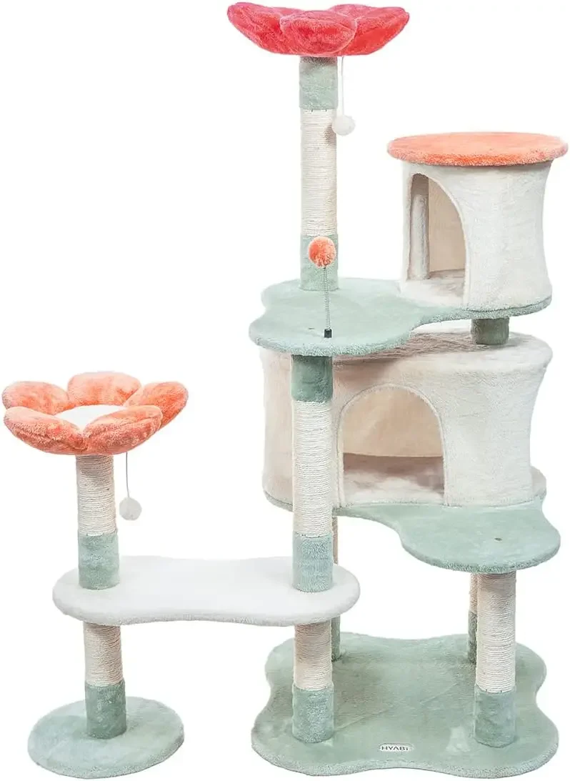 

56.3in Flower Collapsible Cat Tree Tower Condo Furniture Apartment Plush Habitat Kitten Amusement Platform with Scratch