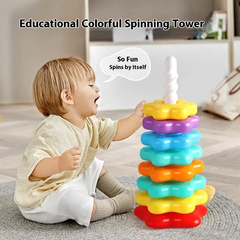 1Set Montessori Rotating Rainbow Tower Baby Stacking Toys Children Develop Motor Skills Game Spinning Stacking Toy Gifts‘