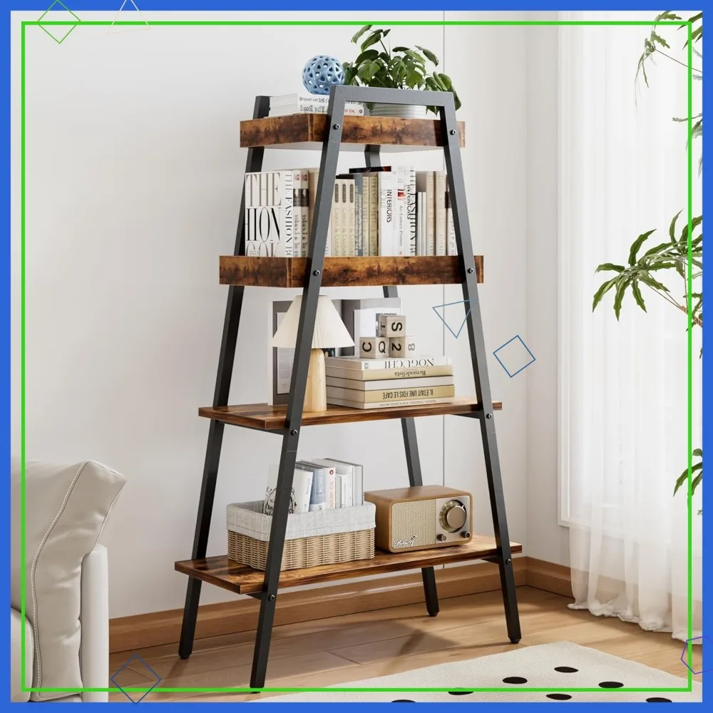 

4-Tier Wooden Ladder Bookcase with Metal Frame, Enclosed Edges and Open Display for Living Room, Bedroom, Home Office in Brown
