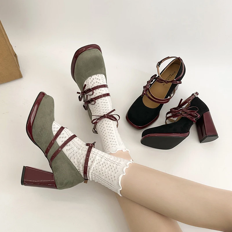 

Luxury Designer New Spring Thick Heel Women Mary Jane Shoes Butterfly-Knot Buckle Strap Shoes Ladies Elegant Party Dress Pumps