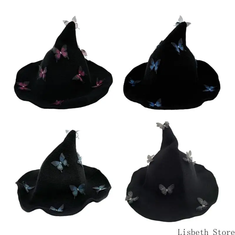 124A Themed Halloween Hat Knitted Witch Hat Butterfly Charm Adult Party Wear for Fashion Statements