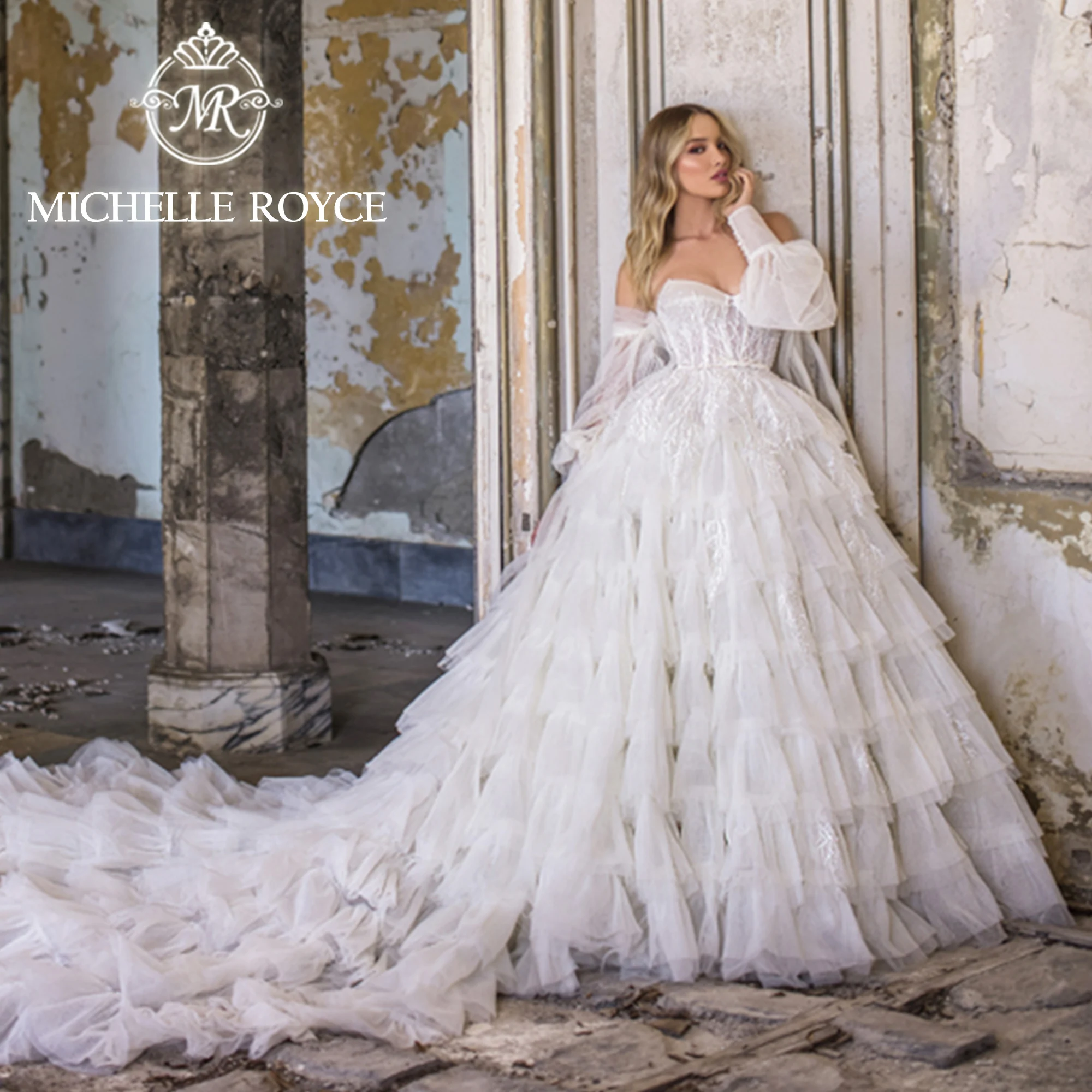 

Michelle Royce Ball Gown Wedding Dress 2023 Sweetheart Appliques Puff Sleeve Tiered Zipper Lace Wedding Gown Vestidos De Novia