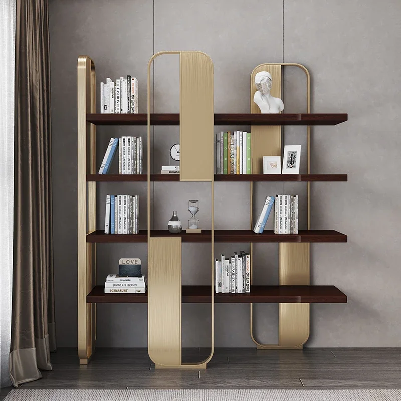 

Modern Stainless Steel Bookshelf Floor Office Partition Light Luxury Bookcase Creative Storage