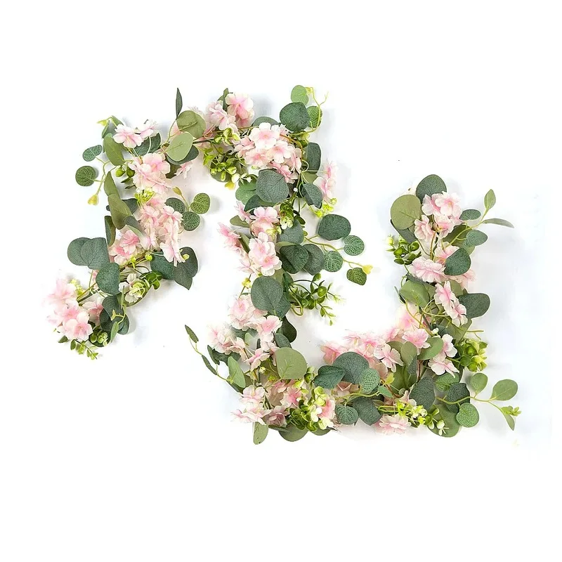 2Pcs Artificial Cherry Blossoms Eucalyptus Vine Garland Fake Flower for Spring Wedding Decor