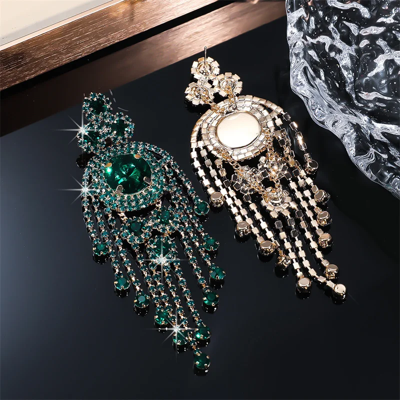 FYUAN Fashion Red Green Silver Color Crystal Earrings for Women Long Tassel Earring Party Weddings Jewelry