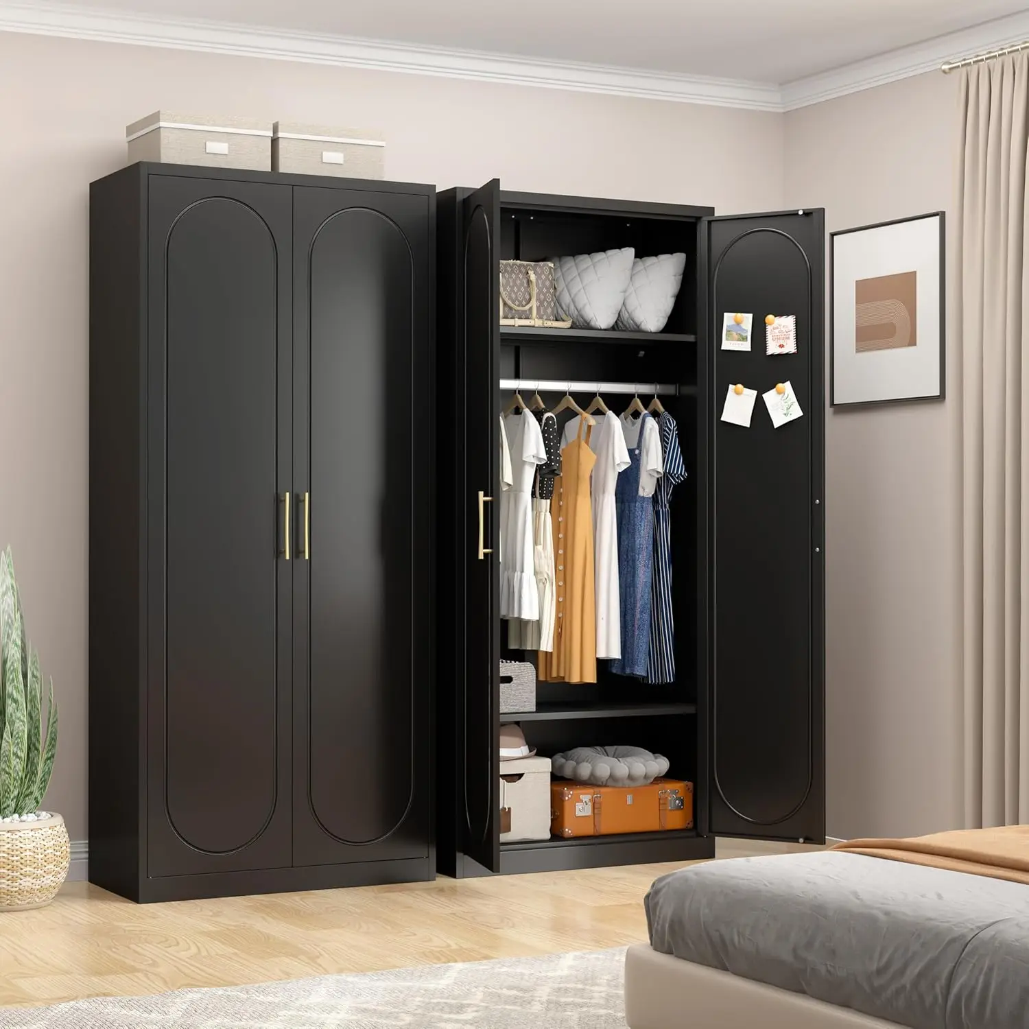 

Armoire Wardrobe Closet with Doors, 71'' Wardrobe Cabinet with Hanging Rod, Metal Closet with 2 Adjustable Shelves