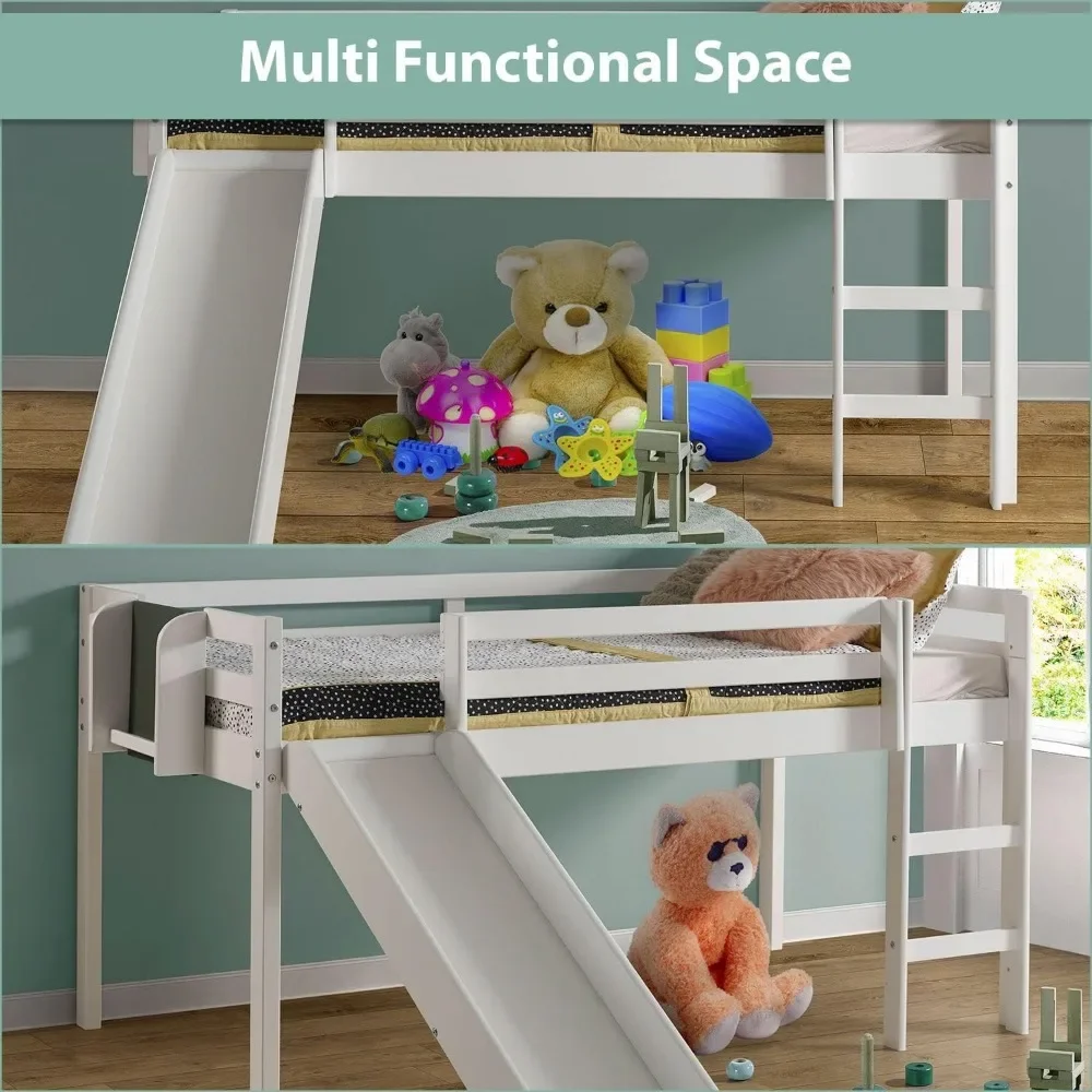 Home Cindy Kids Loft Bed with Slide, Twin Loft Bed with Slide, Toddler Loft Bed with Slide, with Ladder