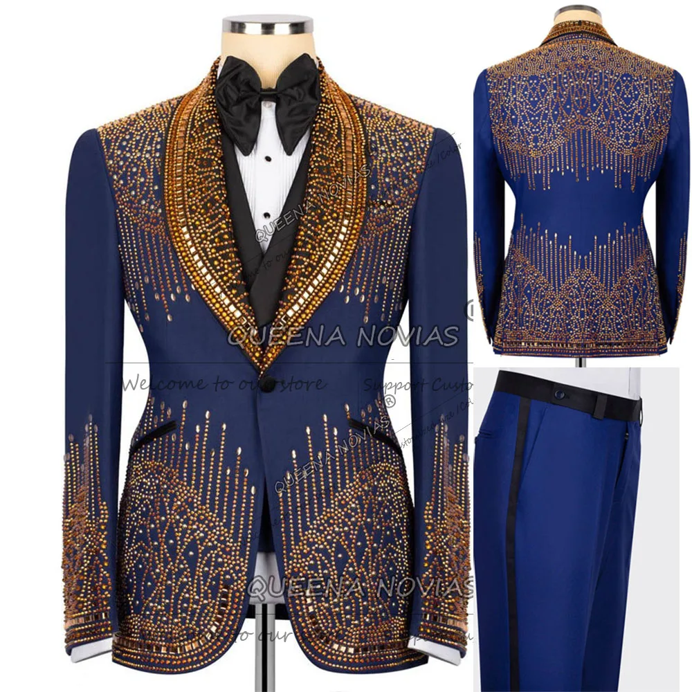 

Exquisite Beaded Stones Groom Wedding Tuxedos Black Shawl Lapel Prom Blazers Outfits Slim Fit 3 Piece Sets Suit Men Customized