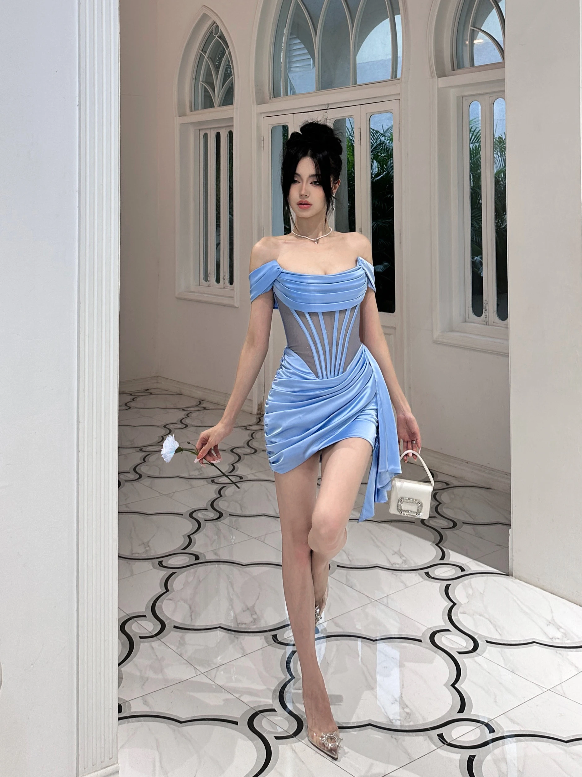 Summer new fashion party chic splicing fishbone see-through pleated satin top breast wrap buttock dress women