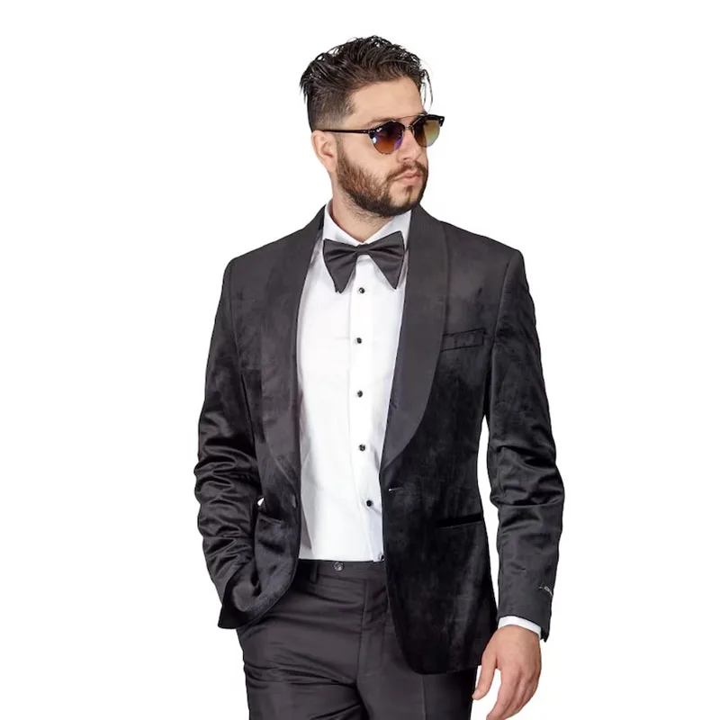 Black Men's Suits Velvet Single Breated Shawl Lapel Smart Casual Business Outfits Terno Full Set Elegant 2 Piece Jacket Pants