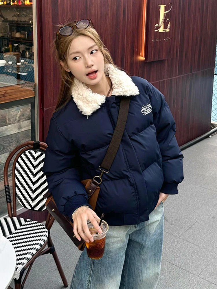 Korea Dark Blue Loose Short Cotoon Coats Winter Fur Collar Lapel Parkas Abrigo Jackets Tops Casual Fashion Warm Women Chaqueta