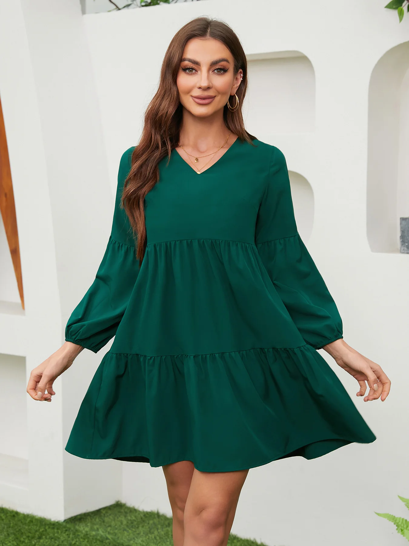 Vestido liso con cuello en V y dobladillo con volantes y manga de obispo para mujer, vestido corto informal de manga larga para primavera y otoño, ropa de mujer