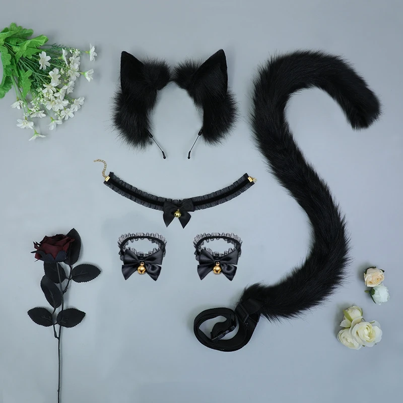 5PCS Sexy Simulation Animal Ear Lovely Tail Set Lace Hand Bell Neck Bell In Stock Plush Cosplay Props Headwear Hair Accessories