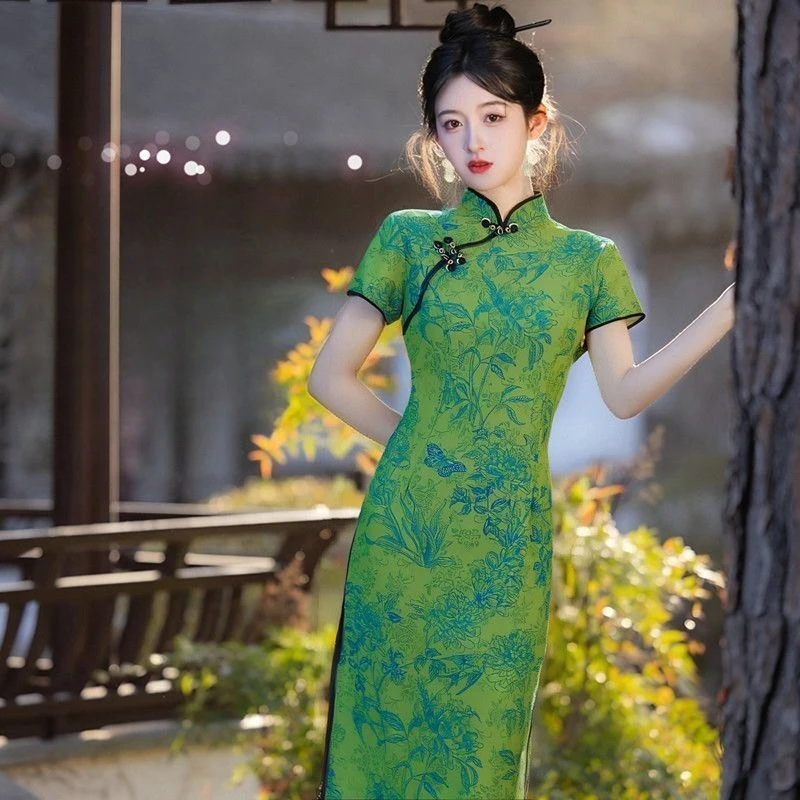 

Эфирное зеленое платье Cheongsam, Ципао с современным принтом 2025 года, дышащее удобное платье, повседневное традиционное женское платье в китайском стиле