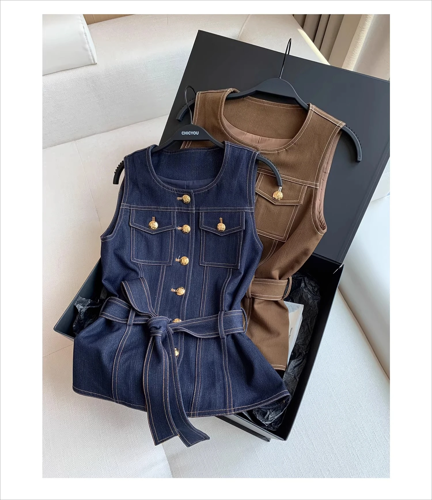 2026 new style Japanese trendy topstitched gold buckle shorts belt vest + straight pants suit view 3