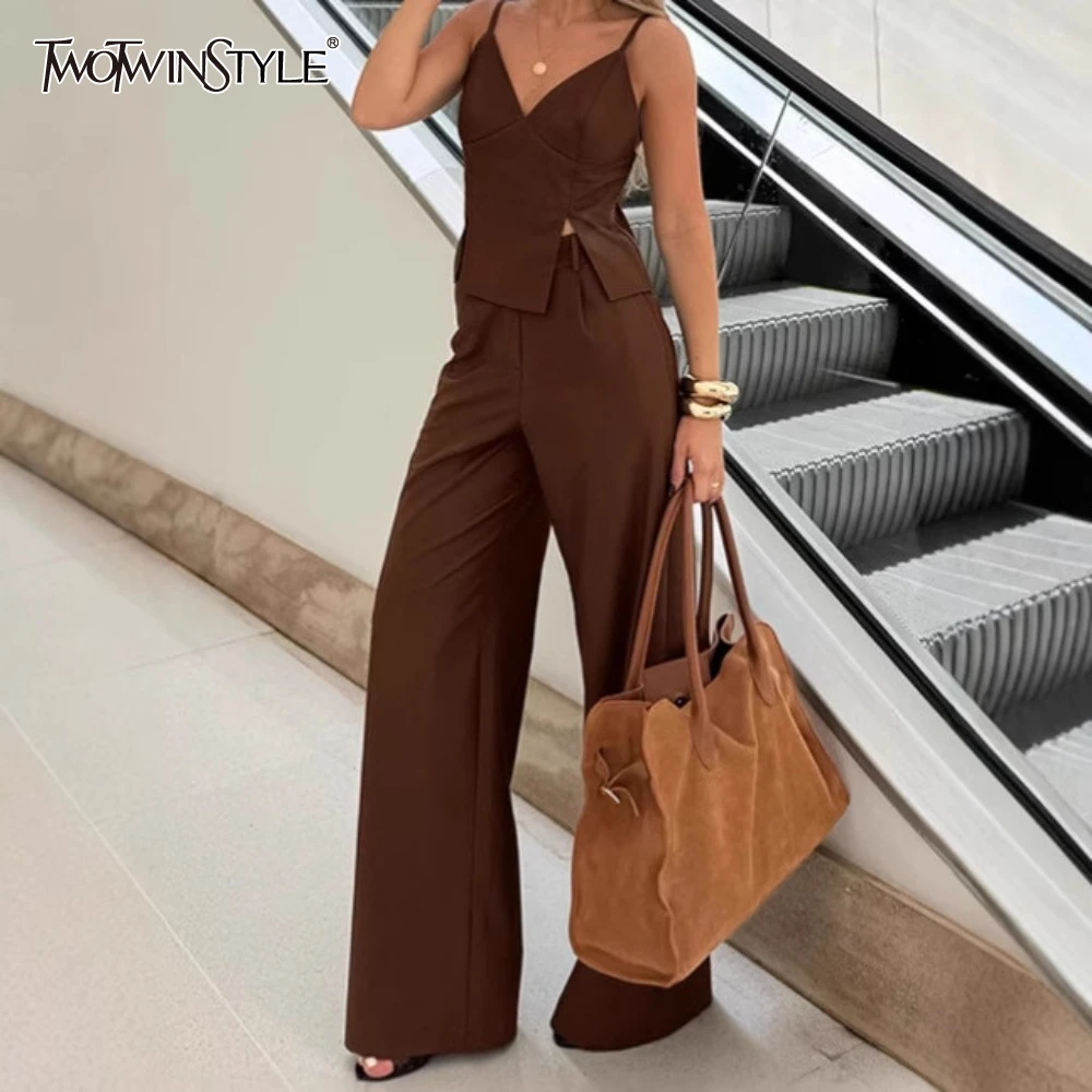 

TWOTWINSTYLE Solid Two Piece Set for Women C Neck Sleeveless Top High Waist Wide Leg Pant Sets Female Fashion Style