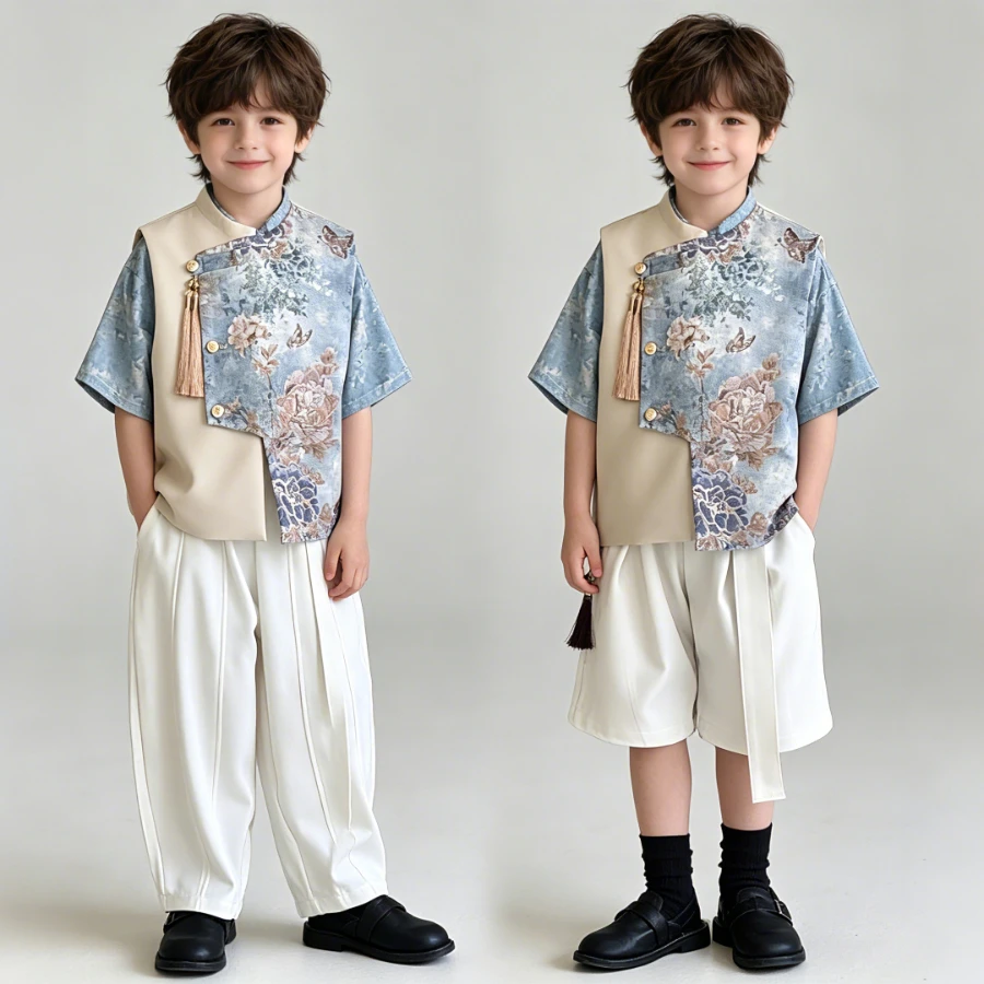 Boys Chinese Traditional Floral Embroidery Tang Suit Set Top & Shorts for Kids Spring Festival Birthday Party Performance Outfit