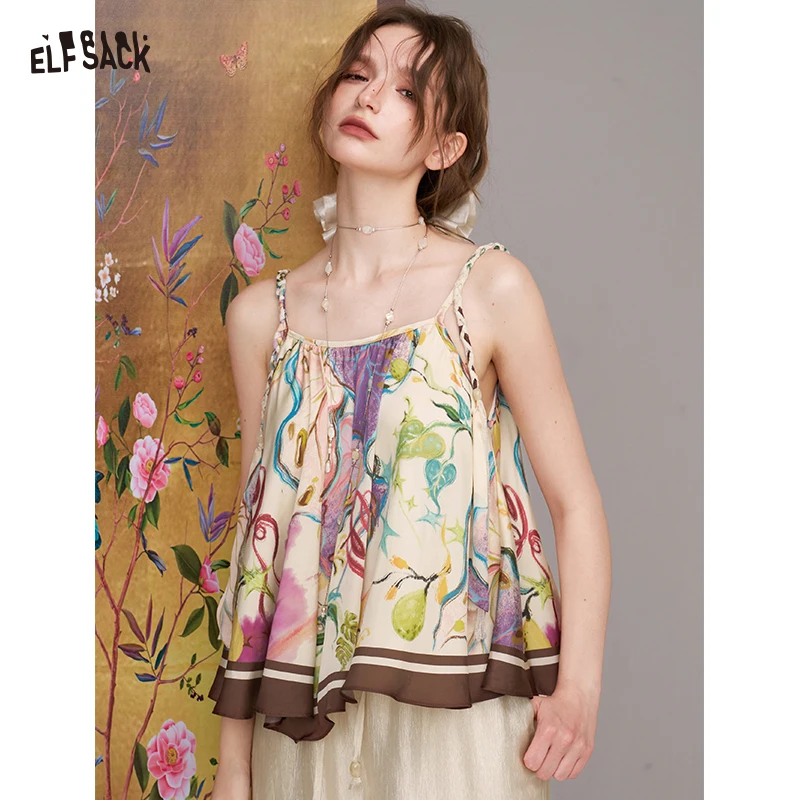 

ELFSACK Watercolor Floral Print Cami Dress, Cute Cartoon A-Line Suspender Dress, Y2K Fairycore Casual Sundress