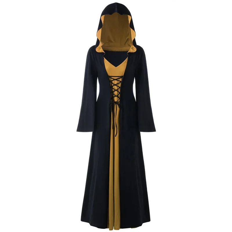 Vestido Medieval con capucha para mujer, bata Vintage con cordones, traje Retro para adultos, Cosplay de Halloween, Vestido largo de bruja terrorífica de vampiro