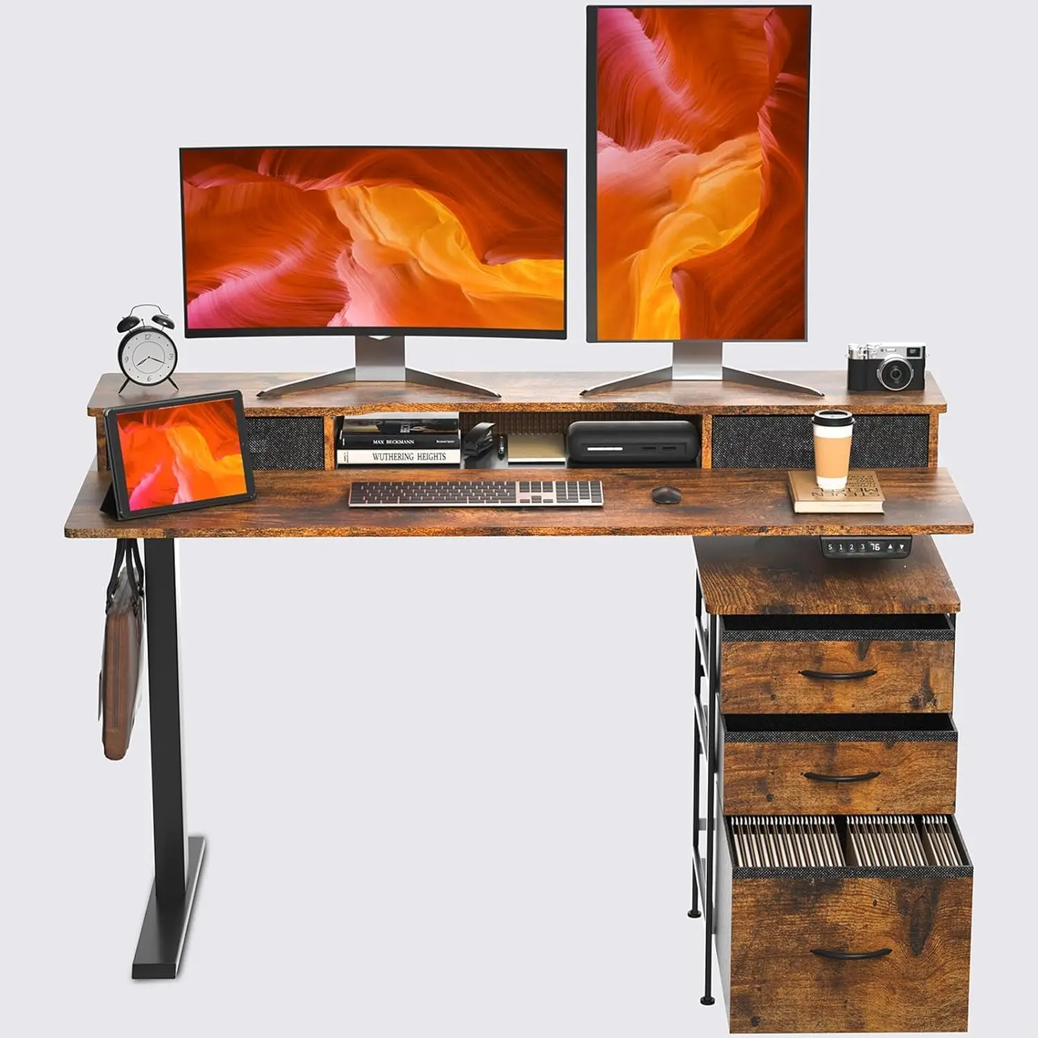 

55 Inch Electric Standing Desk with Cabinet & Drawers, Height Adjustable Sit Stand Desk with Monitor Shelf