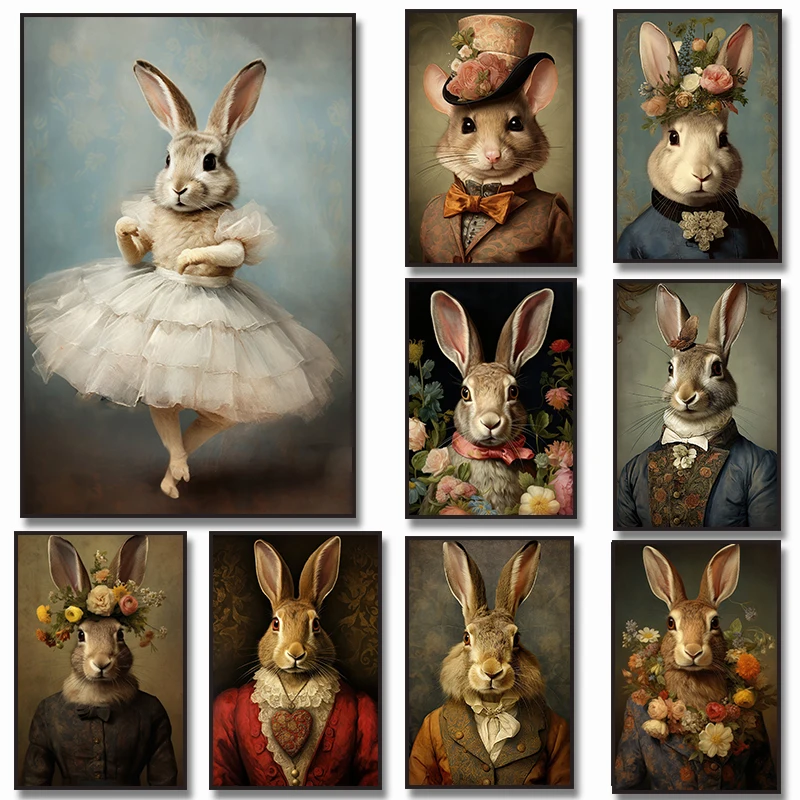Rabbit Mouse Hare with Flowers Vintage Portrait Canvas Painting, Renaissance Animal  Funny Poster Wall Art Kid Room Home Decor