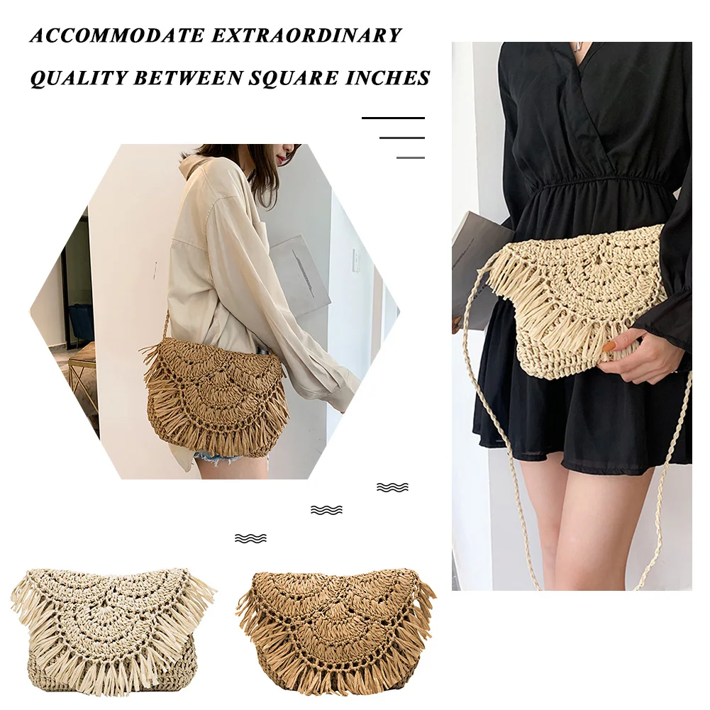 

Fashion Exquisite Shopping Bag Straw Rattan Weave Shoulder Crossbody Bags Ladies Beach Tassels Handbag Purse