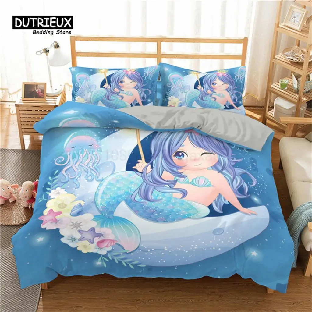 

Mermaid Bedding Set King Queen Size Microfiber Cute Cartoon Mermaid Theme 3D Print Duvet Cover For Kids Girls Pillowcases Decor