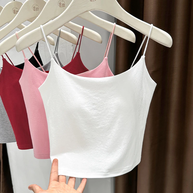 

Летняя вязаная майка из красного ледяного шелка для женщин с нагрудными подушечками для внутренней и внешней одежды, сексуальная горячая девушка без рукавов с открытой спиной