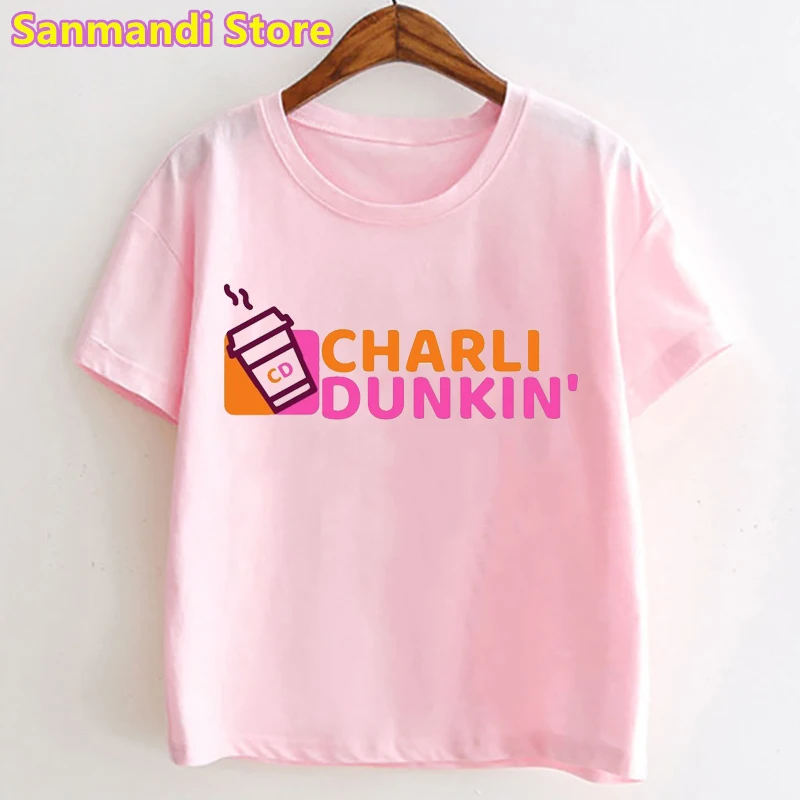 

New Charli Dunkin Graphic Tshirt for Girls Kawaii Kids Clothes Damelio Coffee T Shirt Harajuku Children Clothing Streetwear