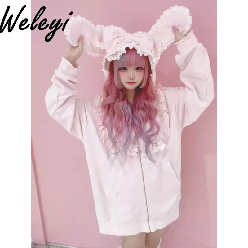 Kawaii Rojita Rabbit Ears Hooded Hoodies Japanese Ropa Para Mujer Mine Sweet Heavy Industry Lace Medium Long Loose Jacket Tops