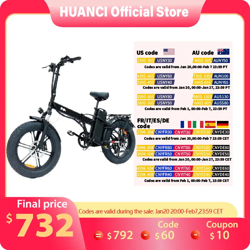 

HX A2 750W Adult Ebike Electric Bike Folding 55KM/H 20AH 48V 20 inch Fat Tire Electric Bicycle Off-road Cycling Bike