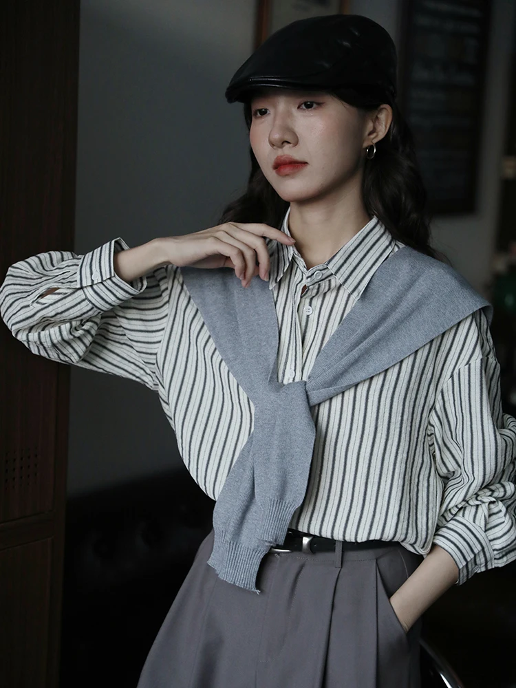 

ay Полосатый длинный све irt женский осенне-зимний утягивающий топ с шилом винтажный простой дизайн из смеси хлопка irt