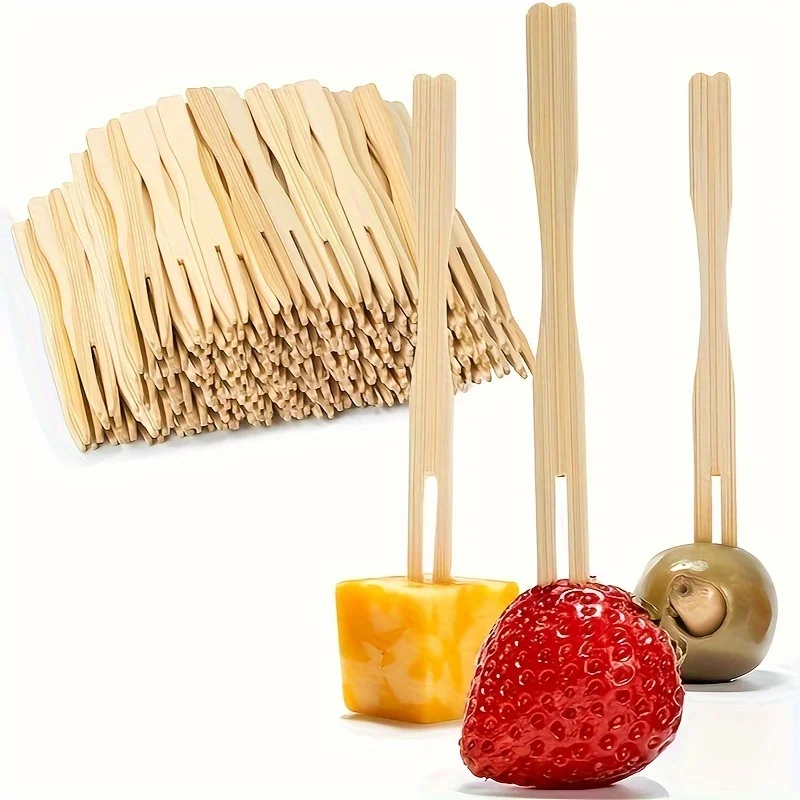 Tenedores para aperitivos de bambú, tenedor de bambú desechable de 3,5 "para mini tenedores de charcutería, tenedores de cóctel para bodas, selecciones de aperitivos pequeños