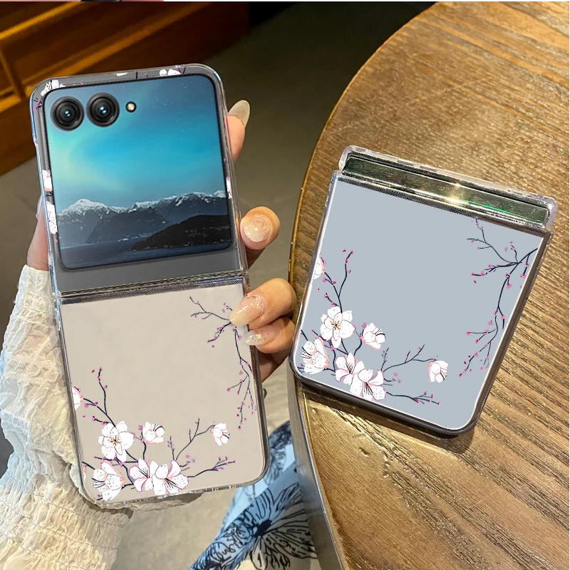 Capa de telefone com padrão de flores brancas para motorola razr 50 40 ultra razr40 razr50 à prova de choque dobrável transparente capa dura para pc