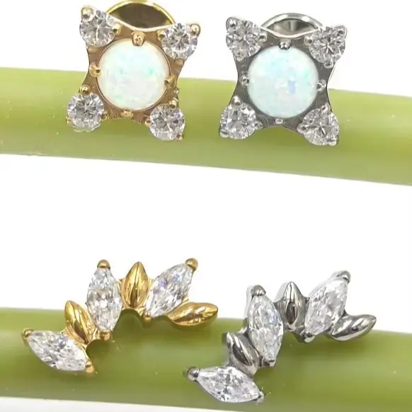 16G ASTMF136 Titanium Zircon Labret Lip Stud Internal Thread Opal Flower Tragus Cartilage Helix Earring Piercing Body Jewelry