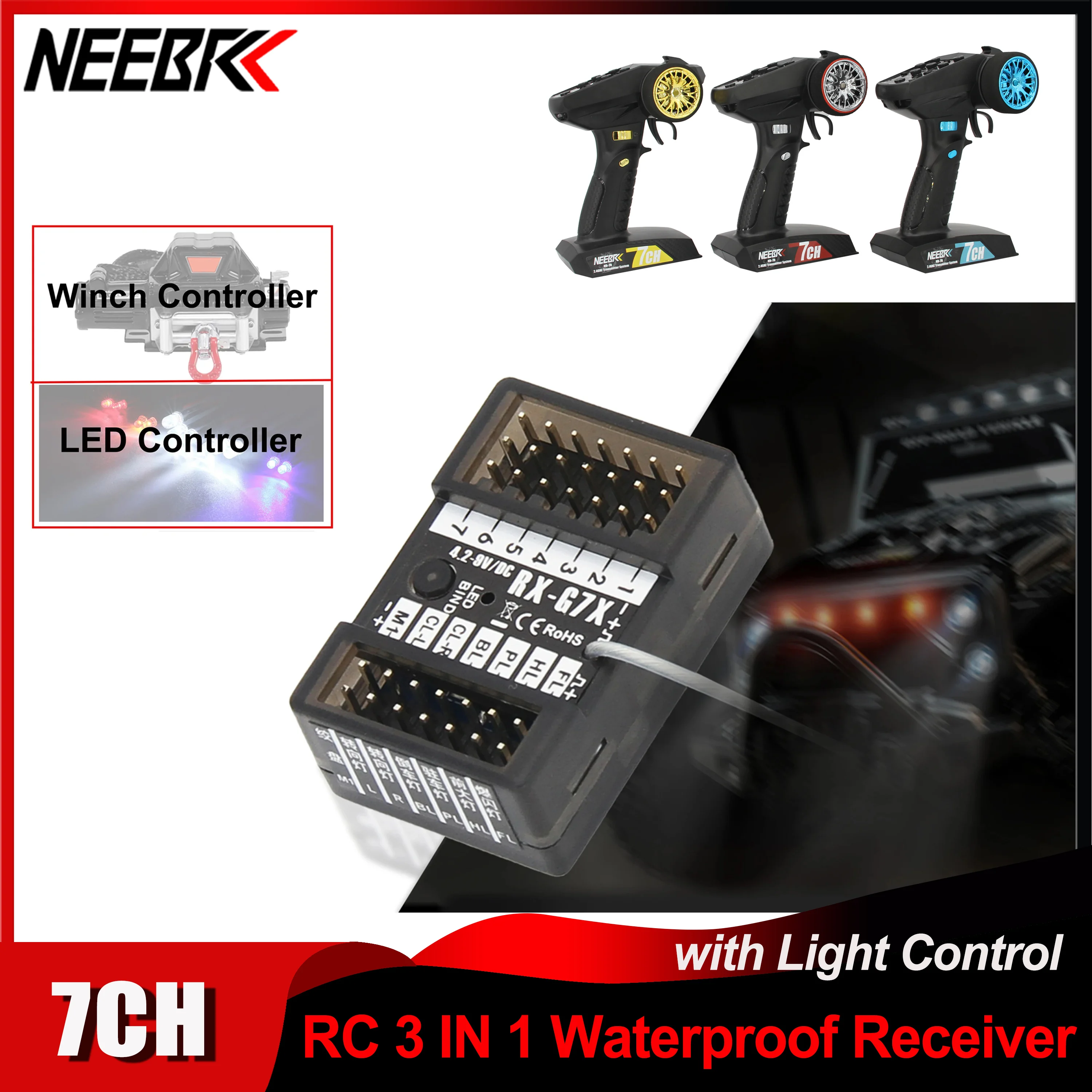 

NEEBRC 3 in 1 2.4G 7CH Waterproof Receiver w/ Light Control for 7 Channels Transmitter Radio Remote Control RC Car Boat Toys