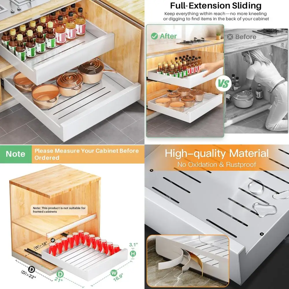 

21 Deep, 16.9 Wide Full-Extension Slide-Out Drawer Organizer, Heavy Duty Nano Adhesive, Kitchen and Bathroom Roll-Out Storage Sh